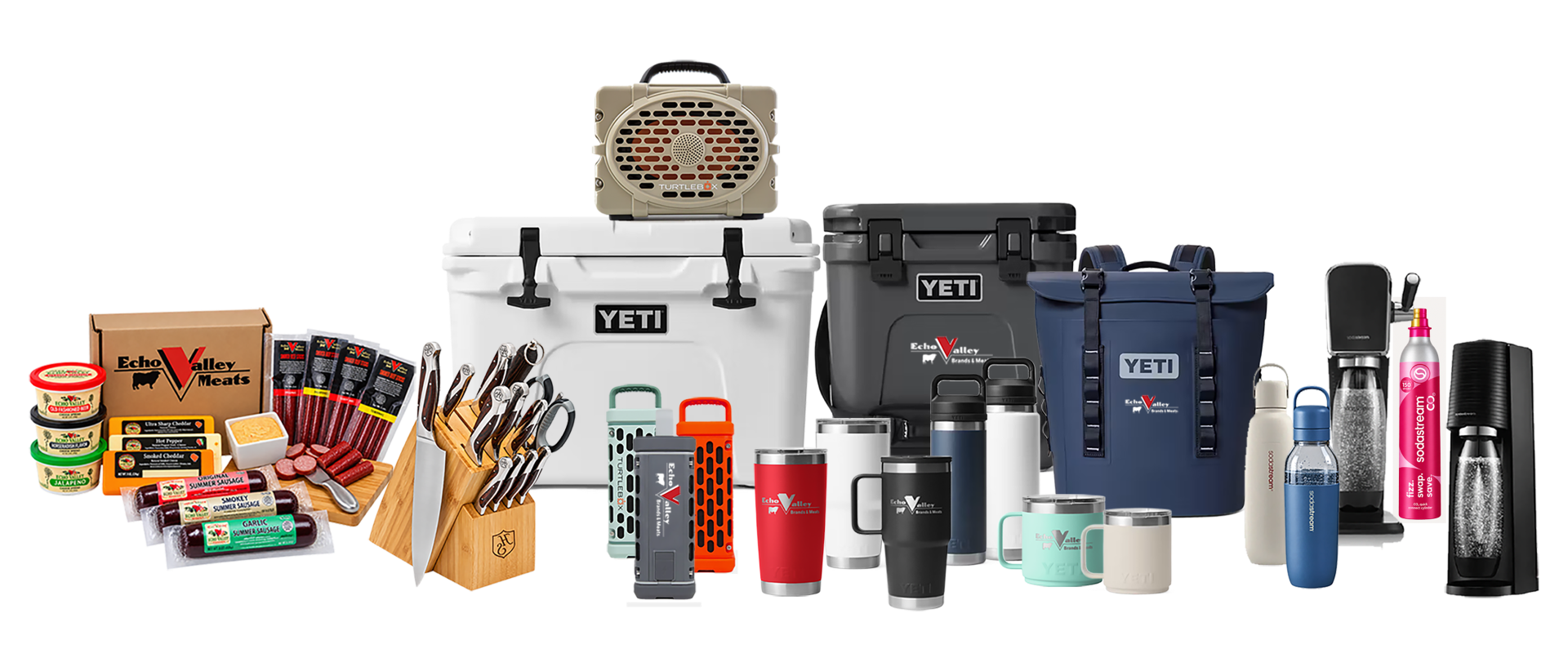 Echo Valley food gifts and cutlery, YETI coolers and drinkware, a Turtlebox speaker, and SodaStream products.